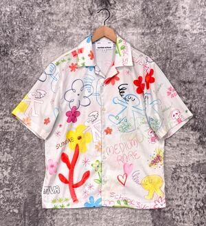 Sundae School Shirt Small Mens Satin Camp Collar Smokers Doodle Drawing Print